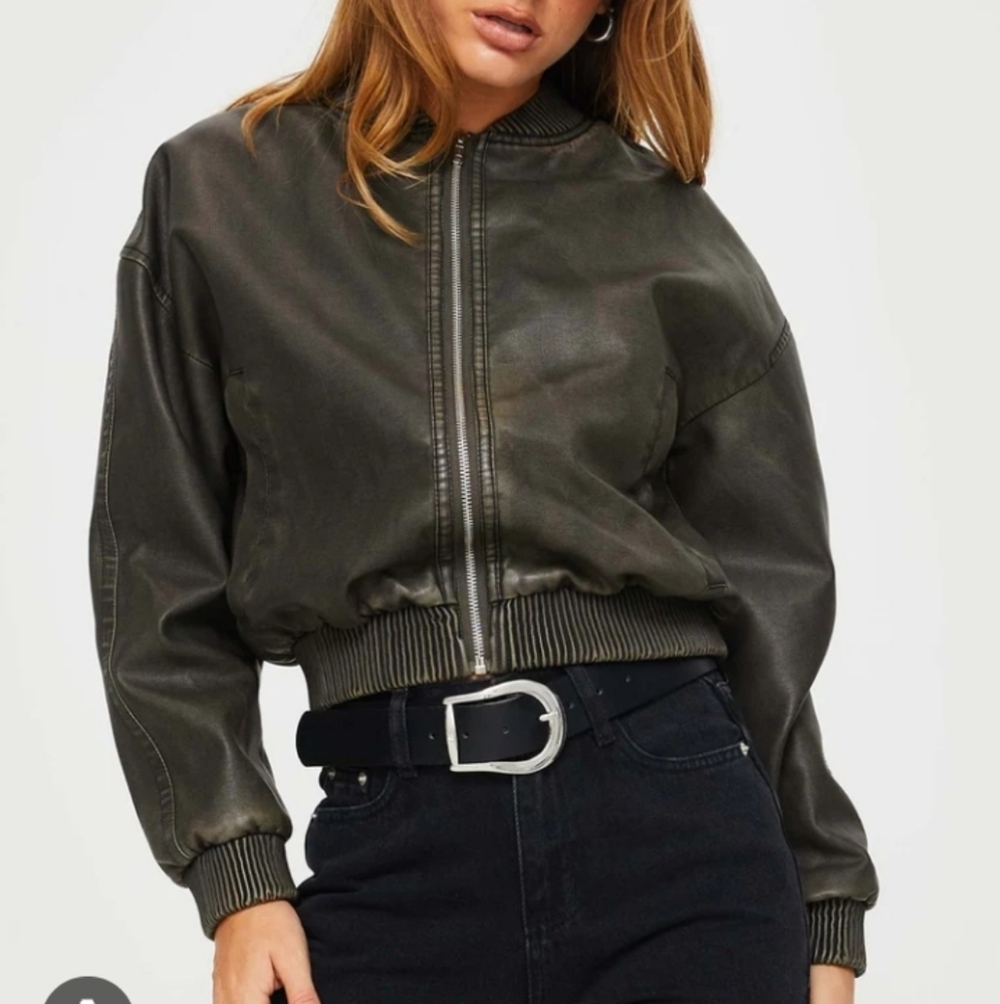 Princess Polly Faux Leather Jacket Washed Green